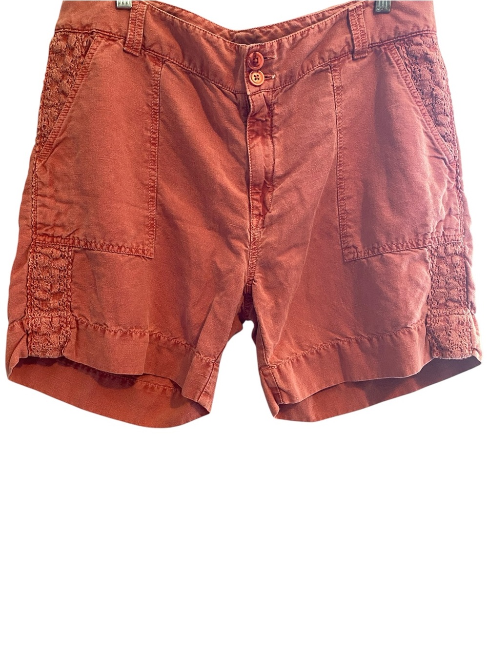 Sundance Linen Cotton Shorts Lace Embroidered Details Coral Orange Pink